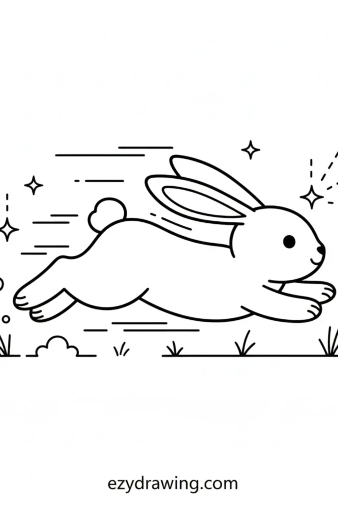 Cute bunny jumping fast with long ears, small tail, motion lines, grass, stars, simple black line art, playful kid friendly style, ezydrawing.com text