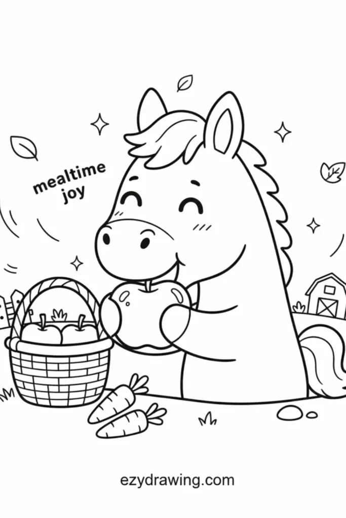 Cute horse happily eating an apple beside a basket of fruits with carrots, leaves, stars, and a barn in a simple ezydrawing com style