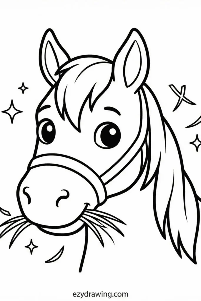 Cute horse head close up with big eyes, flowing mane, bridle, and simple stars and leaves around it in a kid friendly ezydrawing com style