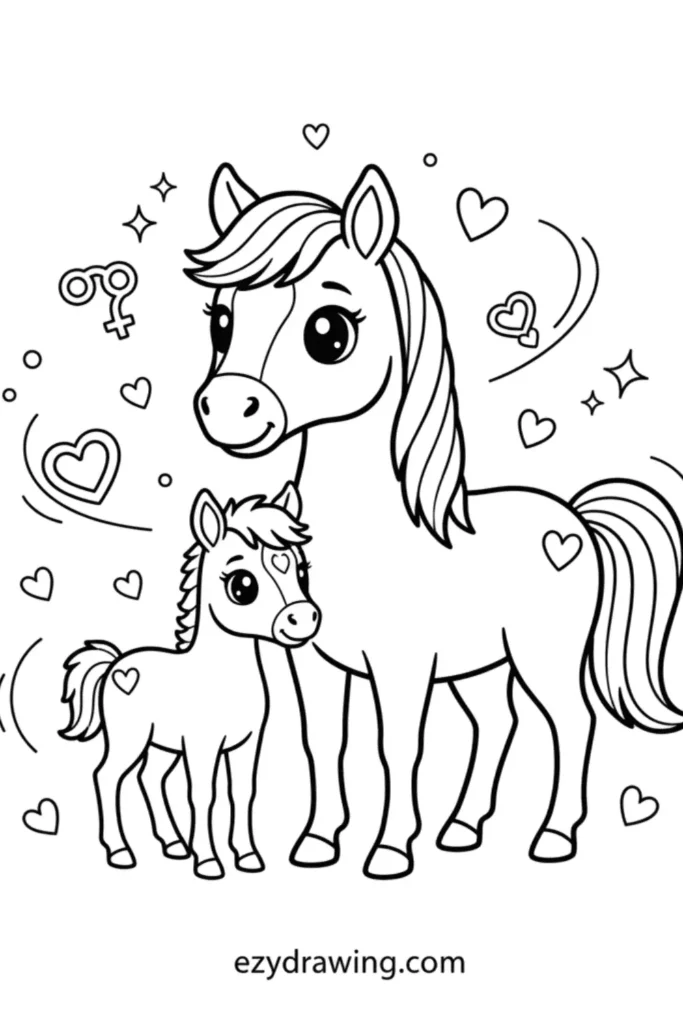 Cute horse mother and foal standing together with hearts, stars, and simple decorations in a kid friendly ezydrawing com outline style