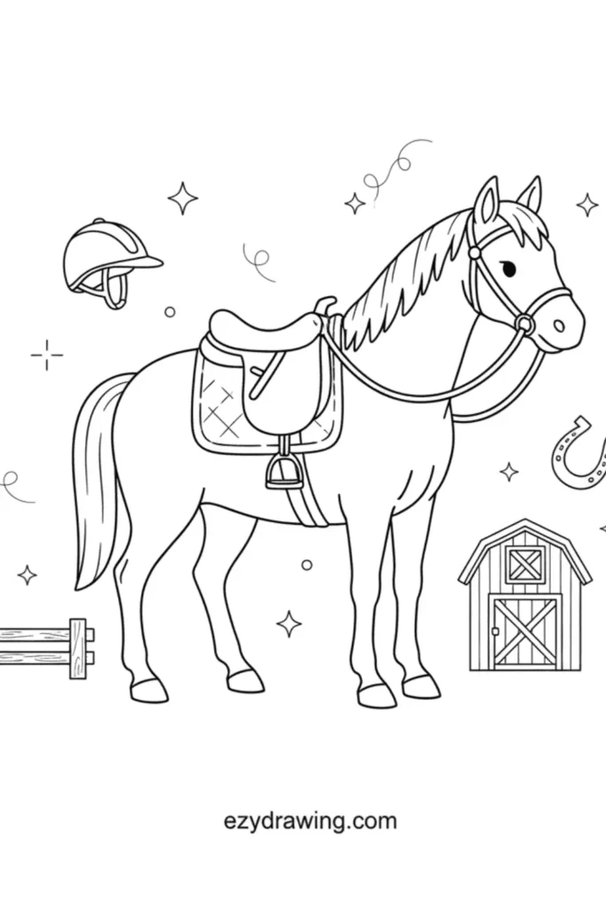 Horse wearing a saddle and bridle with riding gear, barn, fence, stars, and simple decorations in a kid friendly ezydrawing com outline style