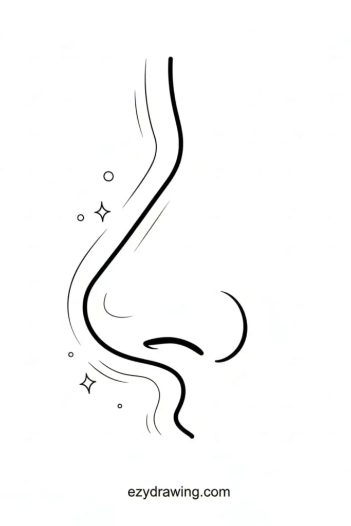 Simple side profile nose drawing with smooth curved lines, tiny sparkles, dots, and soft motion strokes around it