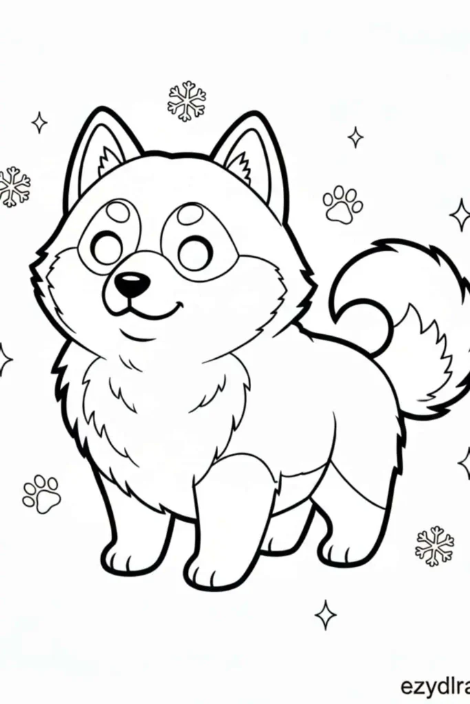 Cute fluffy Husky drawing with pointy ears, curled tail, and snowflakes around, showing a happy winter expression.