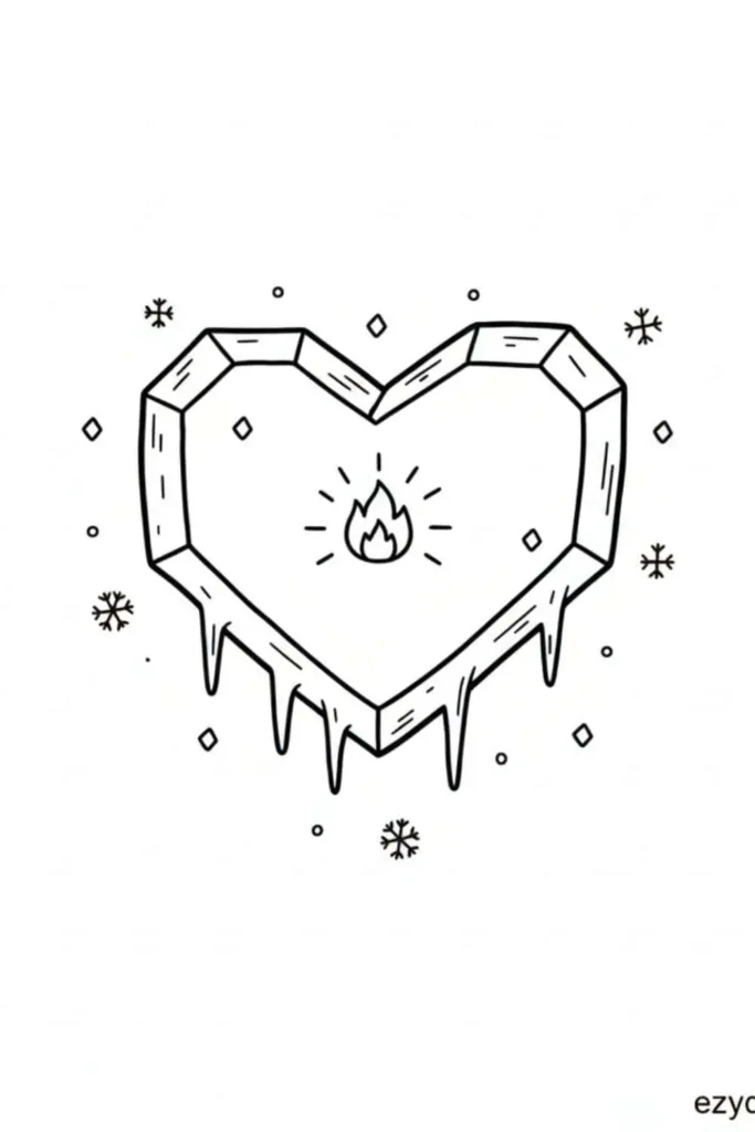 Frozen heart drawing with icy edges and a warm glow inside, showing love melting the cold, simple and charming art idea for kids
