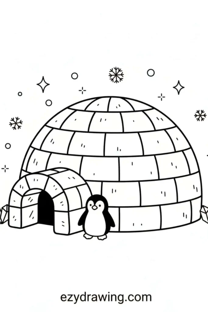 Cute igloo drawing with snow blocks, small entrance, a penguin, snowflakes, and sparkles in a simple outline style