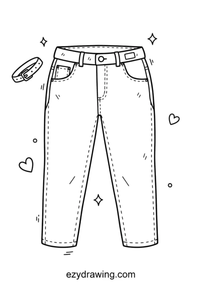 Jeans with stitched pockets and a belt surrounded by hearts sparkles and simple accent lines drawn in a clean kid friendly outline style