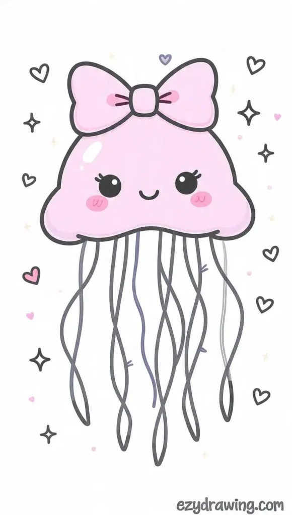 Adorable pink jellyfish drawing with a big bow, cute face, and floating hearts — ezydrawing.com illustration