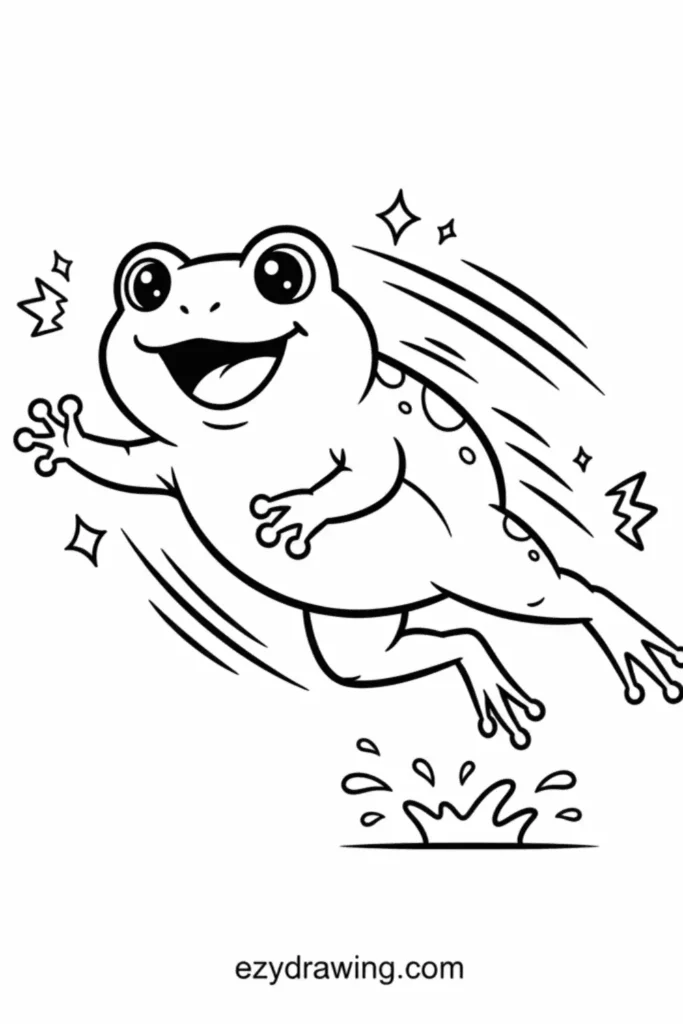 Happy frog leaping with wide smile and big eyes, motion lines and splash below, surrounded by sparkles in cute kid friendly line art.