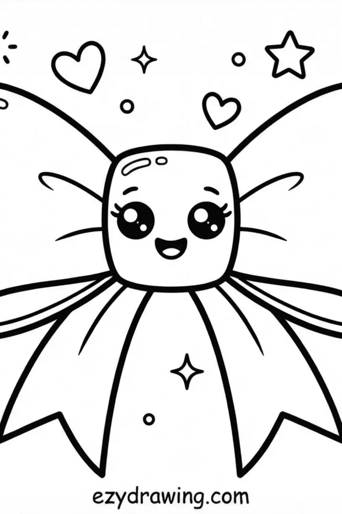 Cute kawaii bow with a smiling face, big sparkling eyes, ribbon details, and floating hearts and stars drawn in a simple outline style