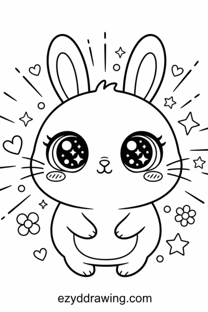 Kawaii bunny with huge sparkling eyes, small paws, hearts, stars, flowers, simple black line art, cute kid friendly style, ezyddrawing.com text.