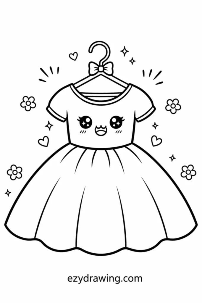 Kawaii dress on a hanger with a cute smiling face surrounded by hearts flowers sparkles and simple accents in a kid friendly outline style