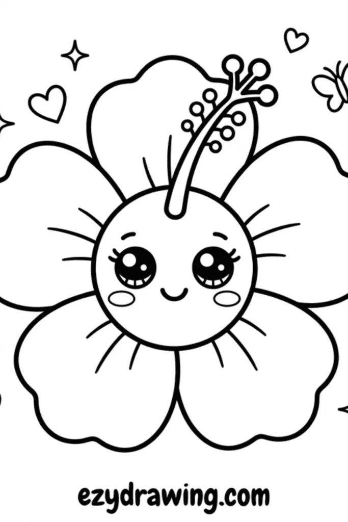 Cute kawaii hibiscus flower drawing with smiling face, big eyes, simple petals, clean black outlines, perfect for kids color!