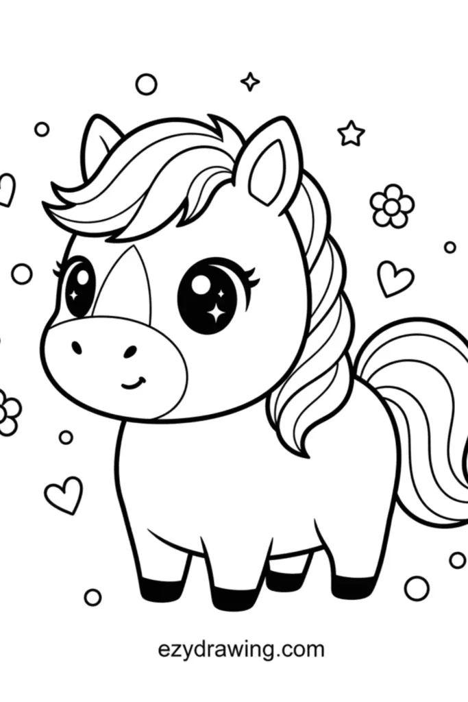 Cute kawaii horse with big sparkling eyes, braided mane, hearts, stars, and flowers around it in a simple kid friendly ezydrawing com style
