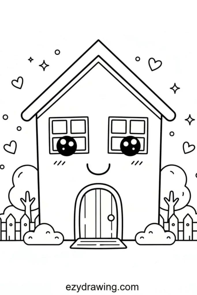 Cute kawaii house drawing with big sparkling eyes, a smiling face, trees, bushes, and small hearts around it in a simple outline style