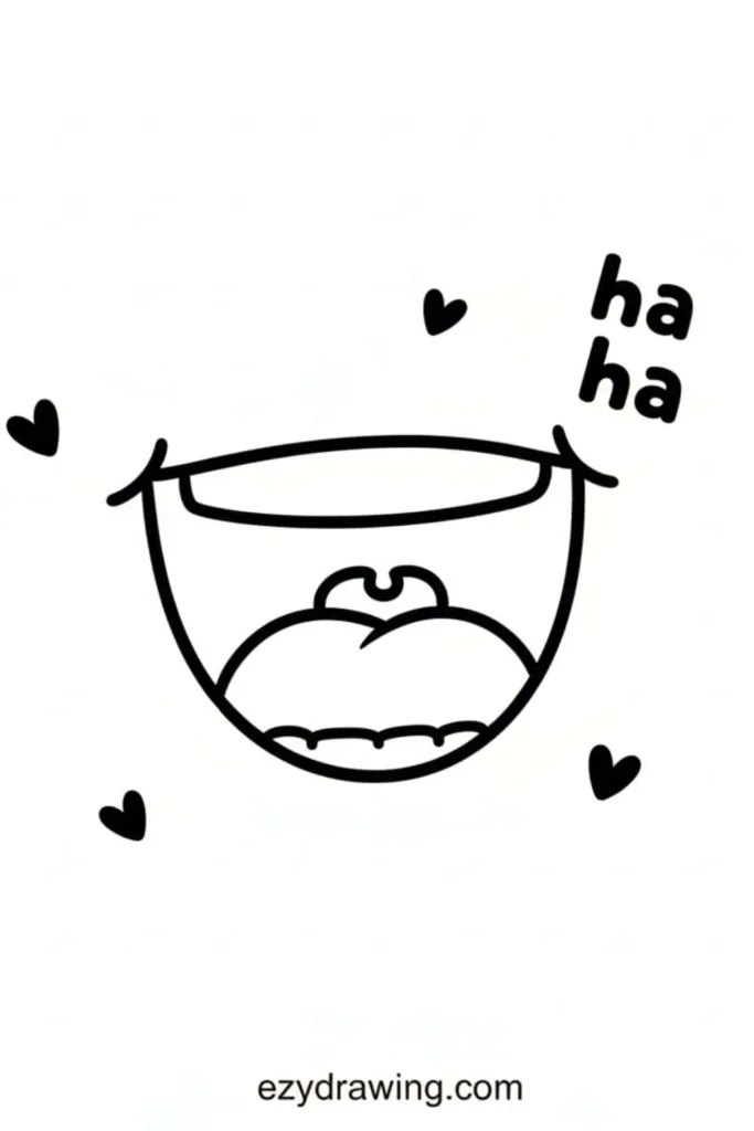 Cute cartoon laughing mouth with open smile, tongue, small hearts, and haha text around it