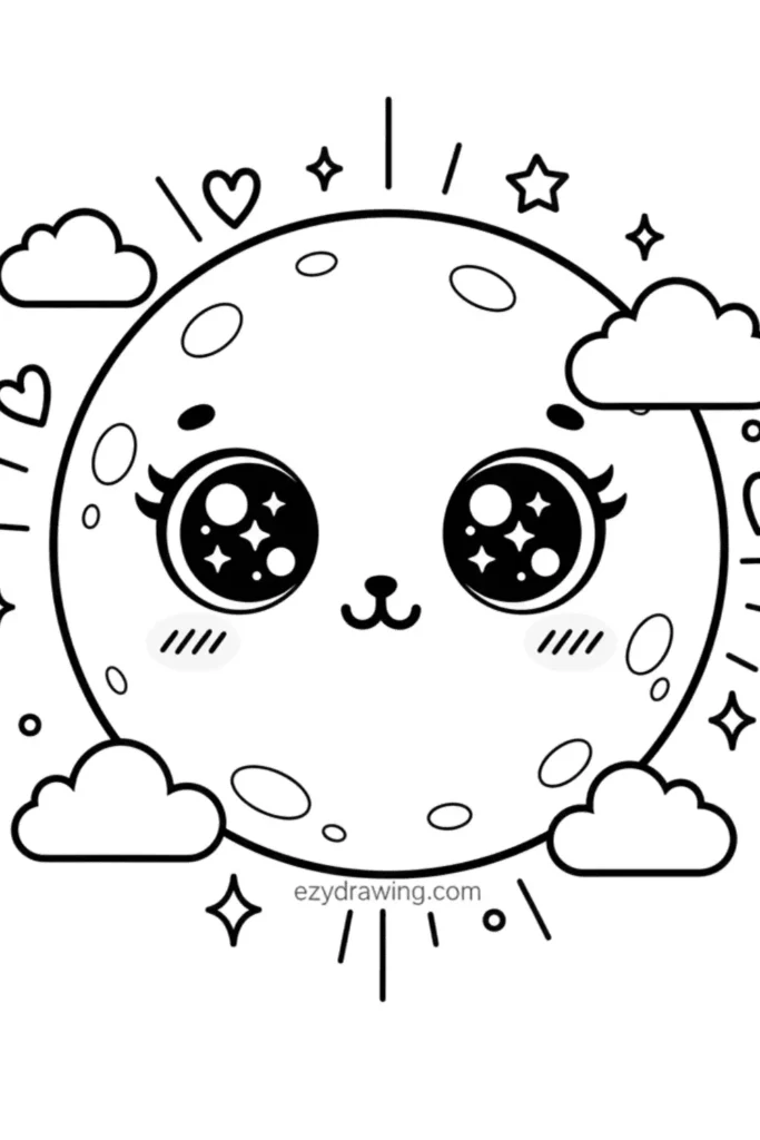 Kawaii moon with big sparkling eyes, cute craters, clouds, hearts, and stars around it in simple kid friendly line art, ezydrawing.com text below.