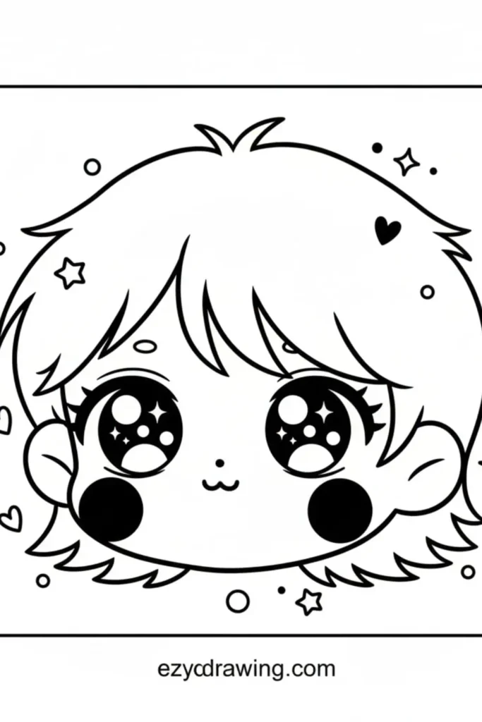 Cute kawaii portrait drawing with big sparkling eyes, fluffy hair, heart and star decorations, rounded cheeks, and ezydrawing dot com at the bottom