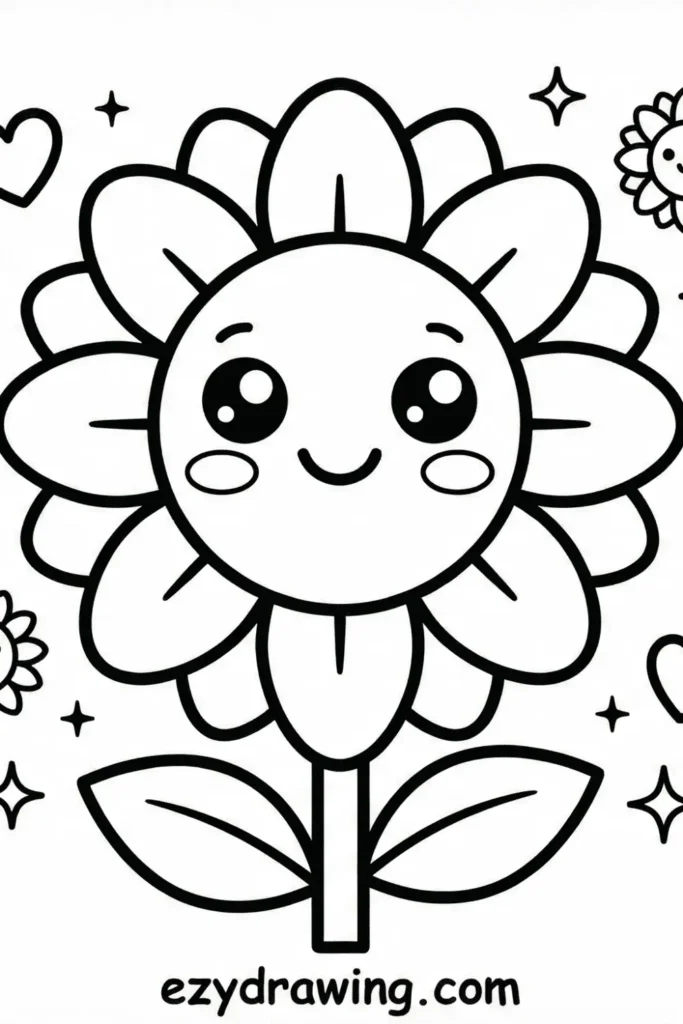 Cute kawaii sunflower with a smiling face, bold petals and simple leaves, surrounded by small hearts and sparkles, kid friendly design