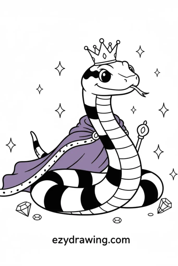 King snake wearing a crown and royal cape, coiled with sparkles and gems, coloring page, ezydrawing.com