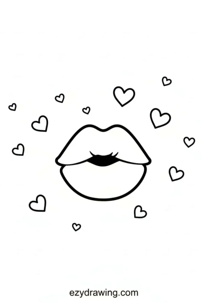 Cute kissing lips drawing surrounded by small floating hearts
