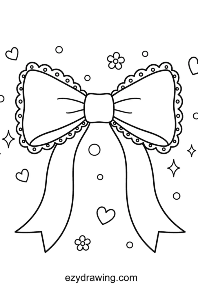 Lace trimmed bow with long ribbons surrounded by hearts flowers sparkles and dots drawn in a simple outline style for kids to color