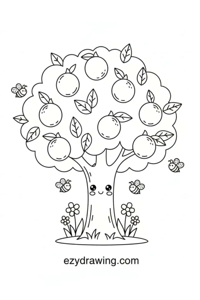 Cute lemon tree with smiling lemons, fluffy leaves, buzzing bees, and small flowers at the base in a simple kid friendly drawing style