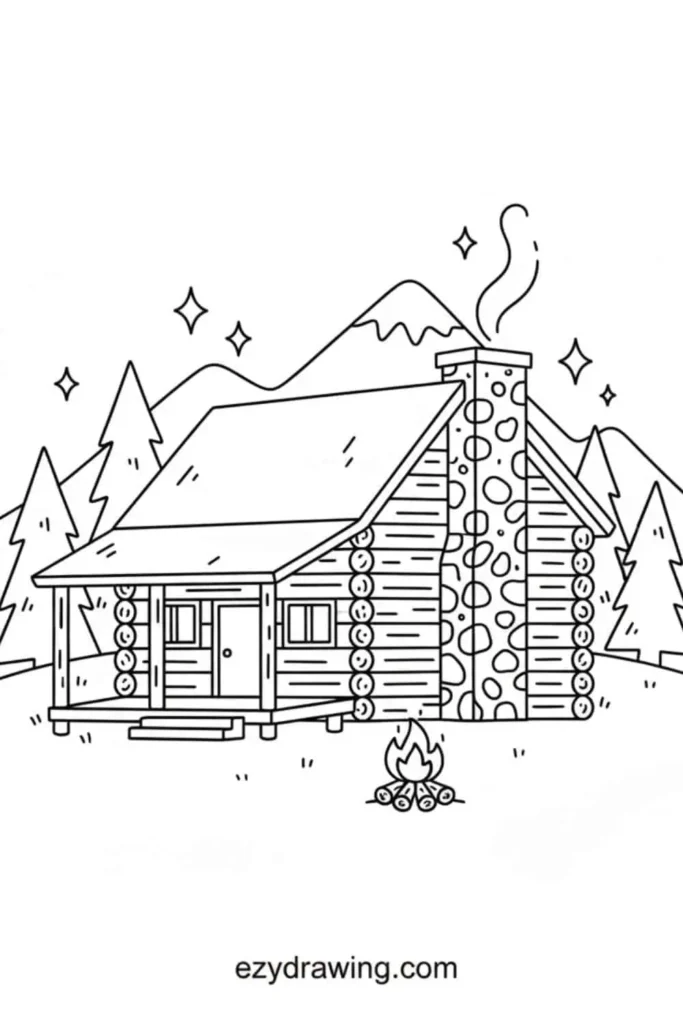 Cozy log cabin drawing with stone chimney, mountains, pine trees, and a small campfire in a simple outline style