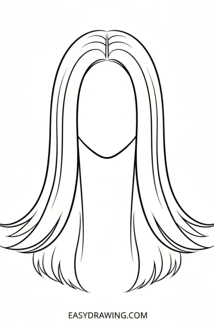 Simple long straight hair drawing with smooth layers and center part in an easy outline style for beginners.
