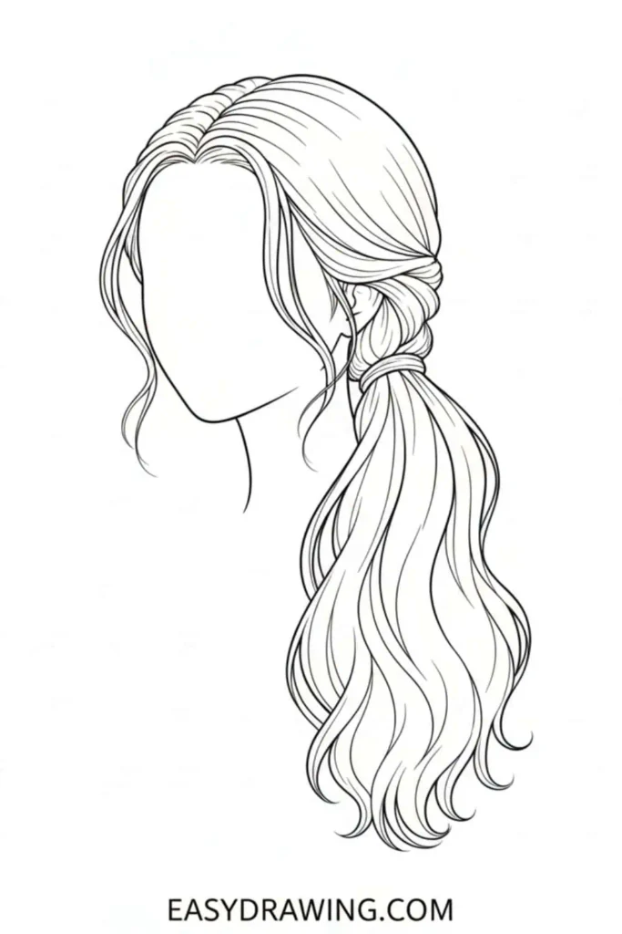 Low side ponytail drawing with soft waves and loose face framing strands.