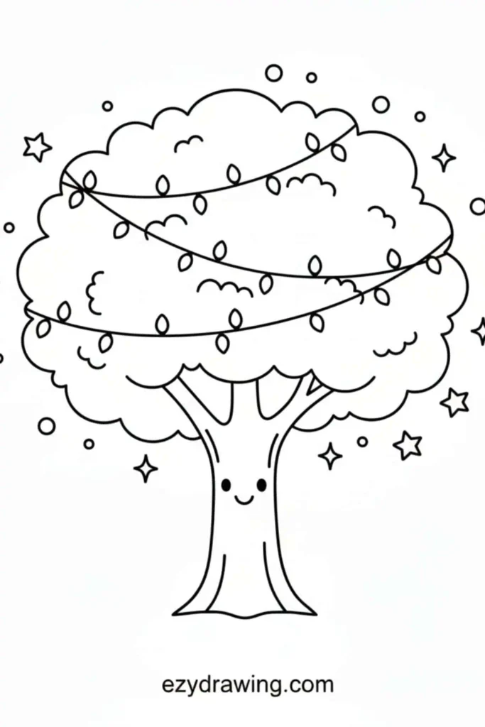 Cute magical tree wrapped in fairy lights with a smiling trunk, fluffy leaves, and twinkling stars and sparkles in a simple whimsical drawing style