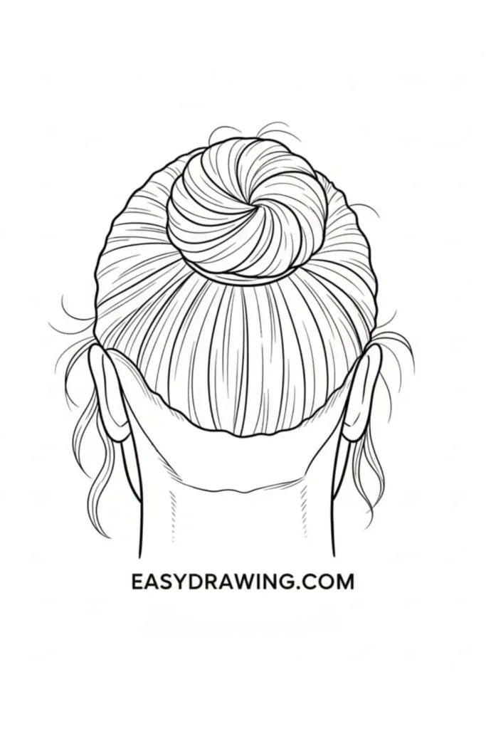 Simple top bun hair drawing from the back with neat pulled hair and loose strands in a clean outline style