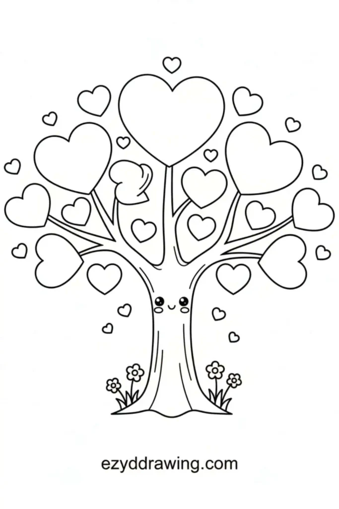 Cute heart themed tree with a smiling face, branches full of heart shaped leaves, tiny falling hearts, and small flowers at the base in a kid friendly style