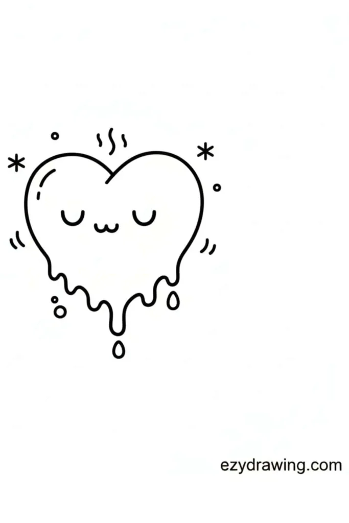 Cute melting heart drawing with closed eyes, dripping bottom and sparkles around, simple emotional heart sketch for kids and beginners tutorials