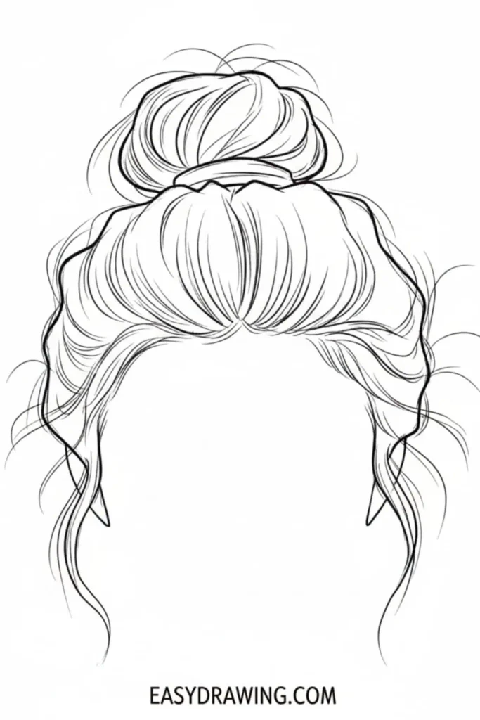 Messy bun hair drawing with loose wavy strands and soft sketchy lines in a simple beginner friendly style