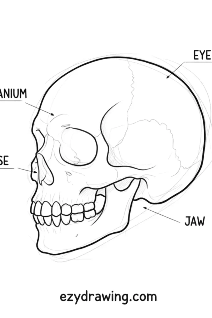 Side view skull diagram with labeled features including cranium, eye, nose, and jaw, drawn in clean anatomical line style