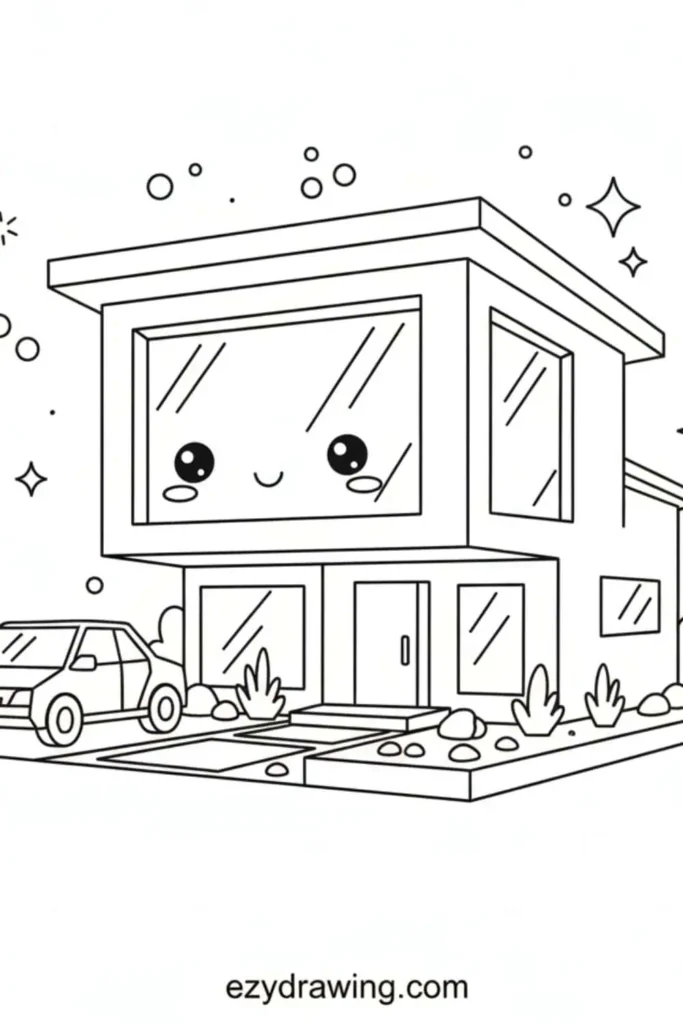 Cute modern house drawing with large windows, car, plants, and a kawaii face on the upper window in a simple outline style