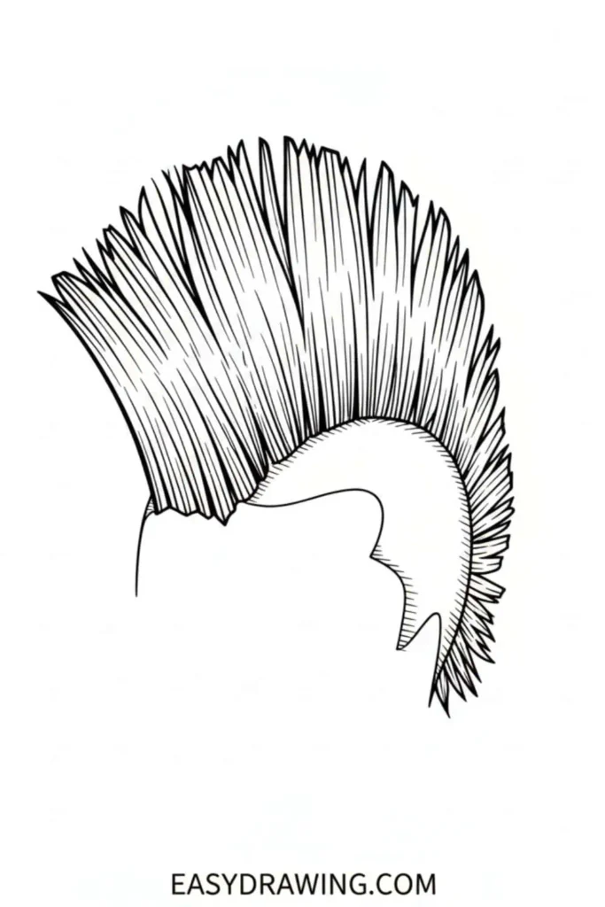 Mohawk hair drawing with tall spiked strands and shaved sides in a bold clean outline style.