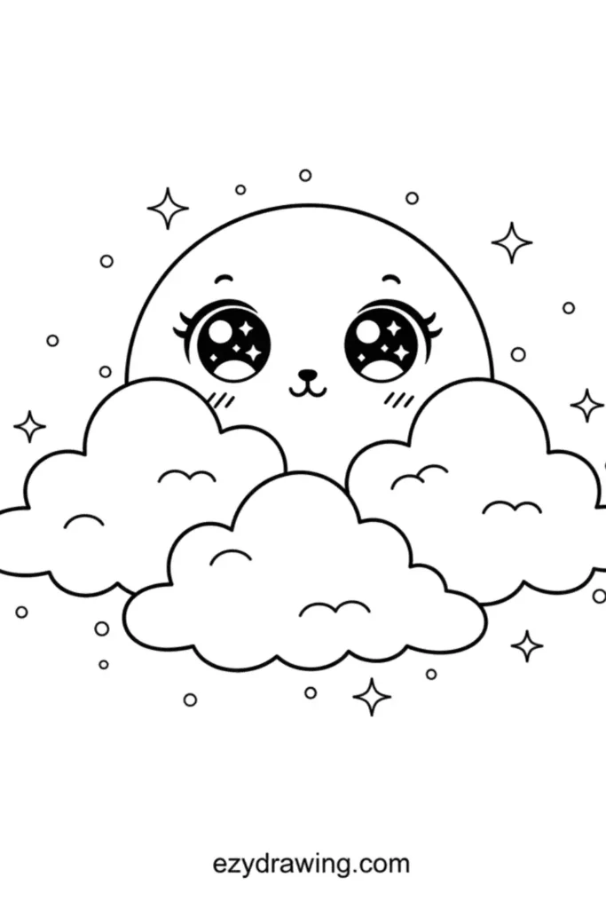 Kawaii moon with big sparkling eyes peeking from behind fluffy clouds, surrounded by stars and tiny dots in simple cute line art, ezydrawing.com text