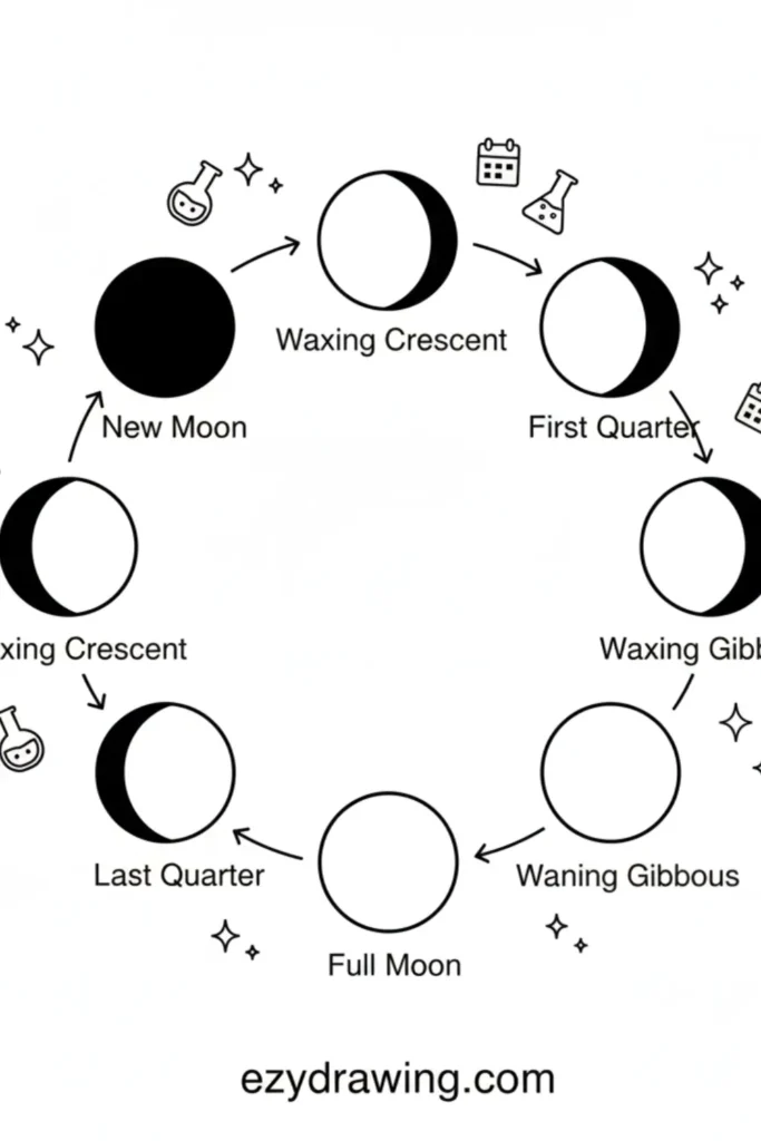 Simple moon phases diagram showing new moon, crescents, quarters, gibbous, and full moon in a circle with tiny icons, ezydrawing.com text below