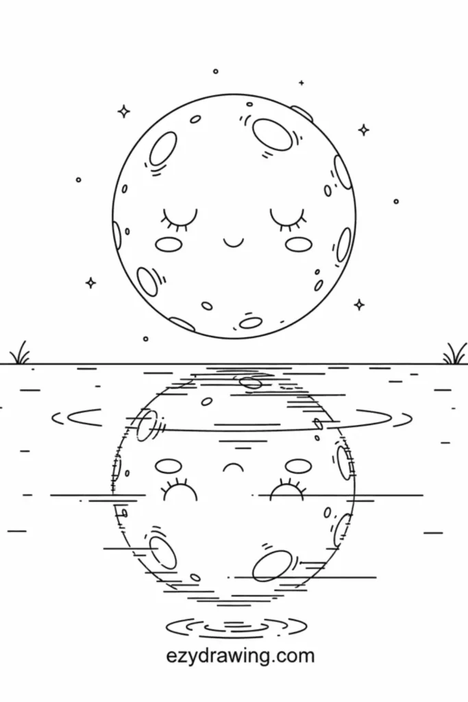 Cute cratered moon with closed eyes reflecting softly on rippling water, surrounded by tiny stars and simple night details, ezydrawing.com text below