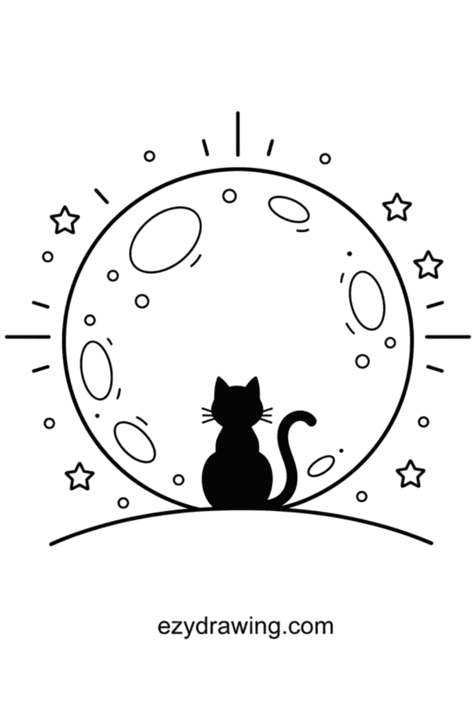 Cat silhouette sitting on a hill watching a large cratered moon with stars and lines glowing around it in simple line art, ezydrawing.com text below