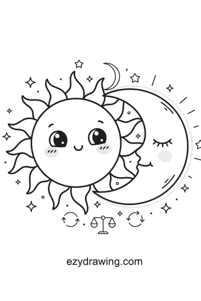 Cute sun and moon together with big eyes, blush, stars, and balance icons, simple celestial kid friendly line art, ezydrawing.com text below