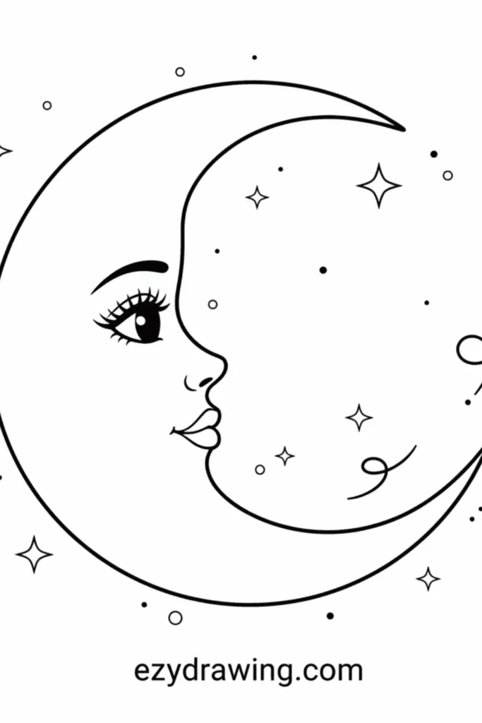 Elegant crescent moon with a detailed face, long lashes, flowing lines, stars, and dots in a decorative night sky, ezydrawing.com text below