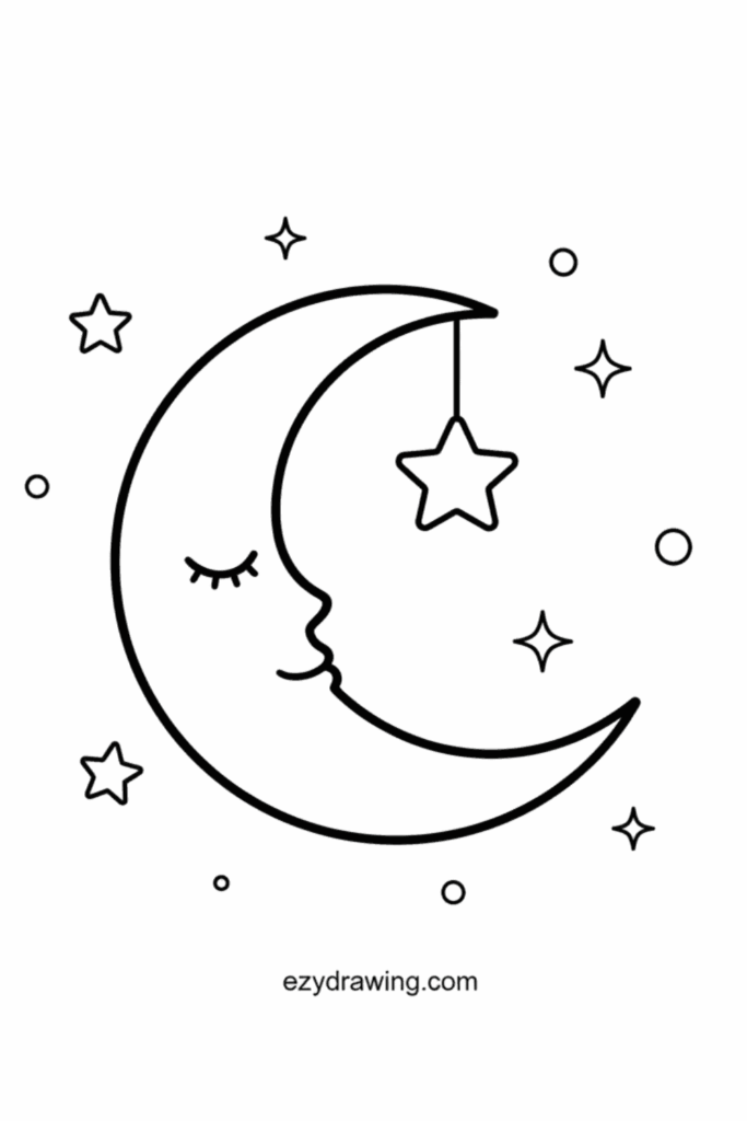 Smiling crescent moon with a hanging star, surrounded by simple stars and dots in cute night themed line art, ezydrawing.com text below