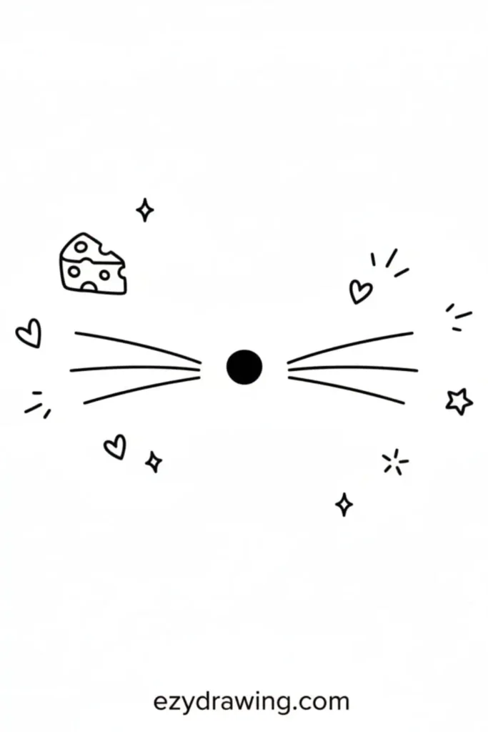 Cute mouse nose drawing with a tiny round nose, long whiskers, hearts, stars, sparkles, and a small cheese piece beside it