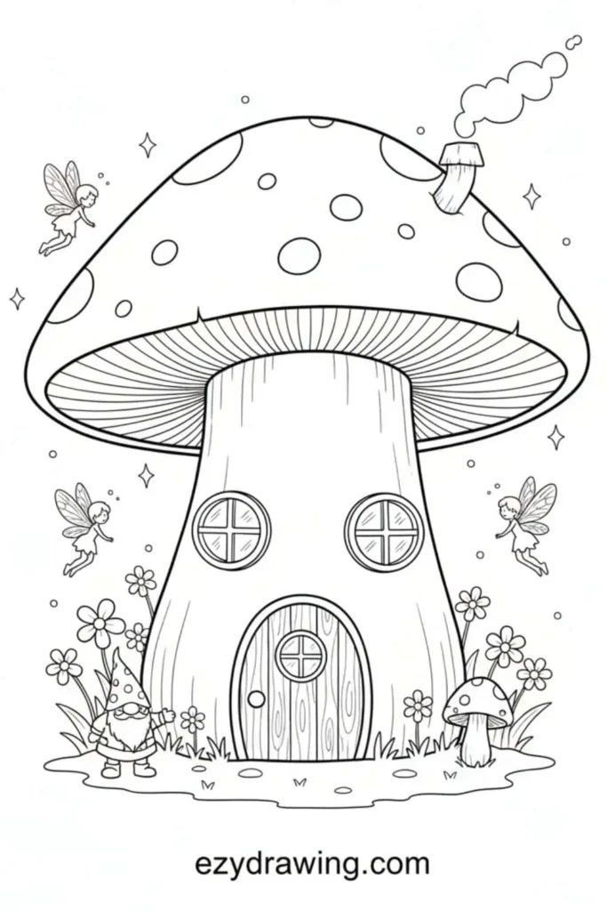 Cute mushroom house drawing with round windows, fairies, flowers, a tiny gnome, and a chimney, illustrated in a whimsical outline style.