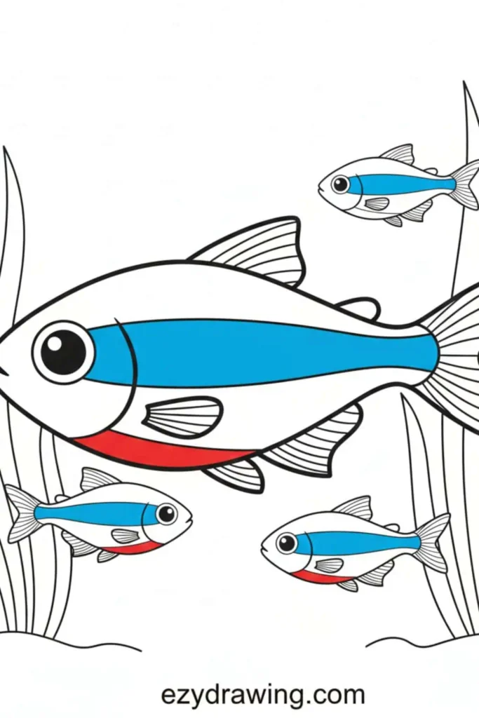 Bright neon tetra fish with blue and red stripes swimming together among tall underwater plants in a simple kids drawing style