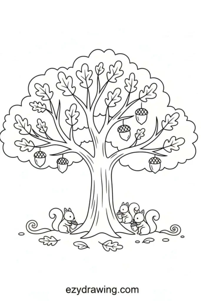 Cute oak tree with fluffy leaves, hanging acorns, and three squirrels eating acorns under the tree in a simple kid friendly drawing style.