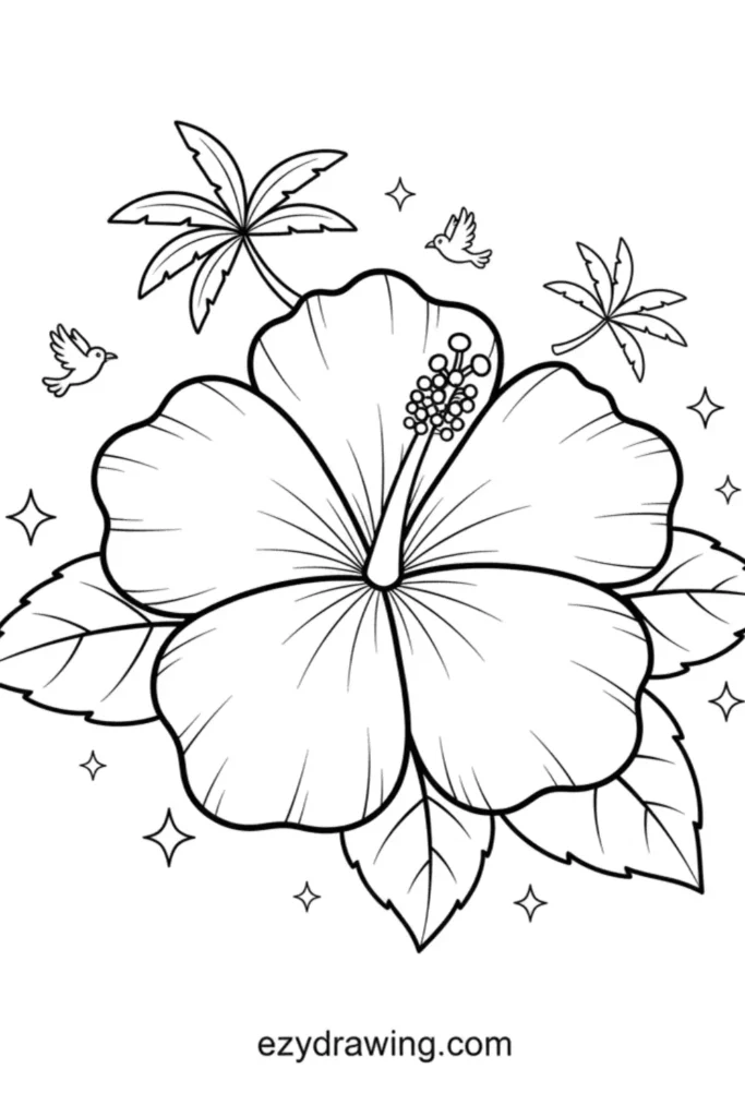 Tropical hibiscus flower line drawing with palm leaves, birds and sparkles, bold outlines, printable coloring page for kids!!