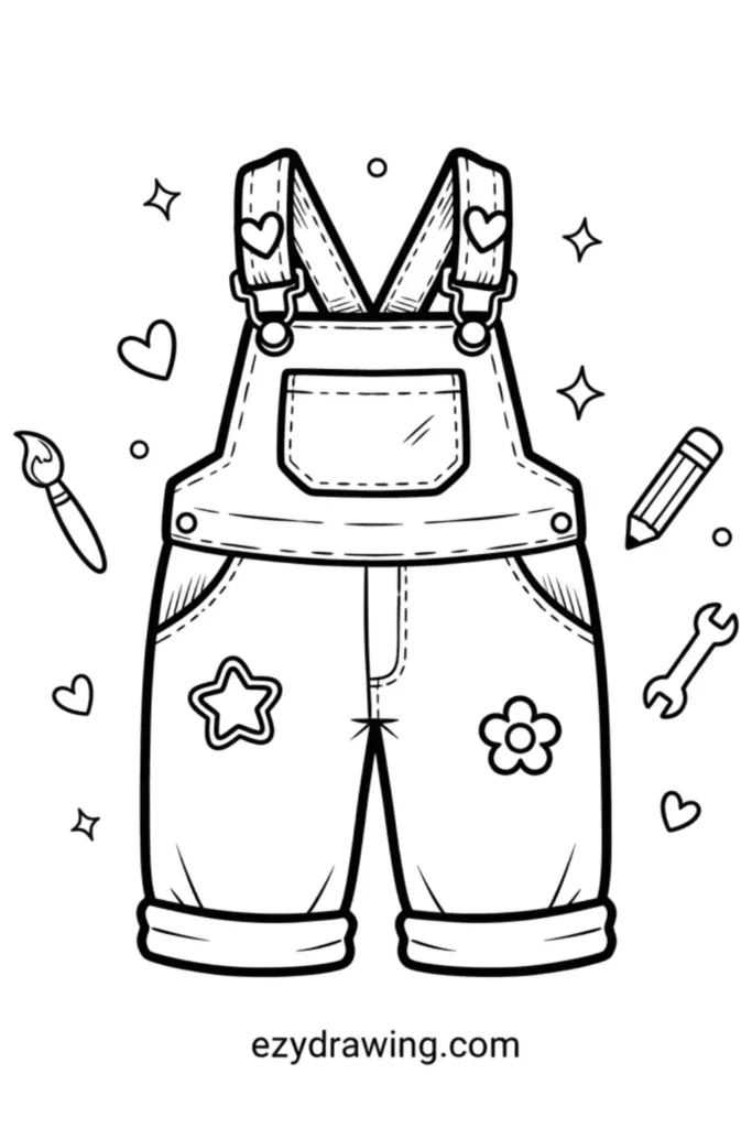 Cute overalls with heart straps and star and flower patches surrounded by hearts sparkles and small art and tool icons in a simple outline style